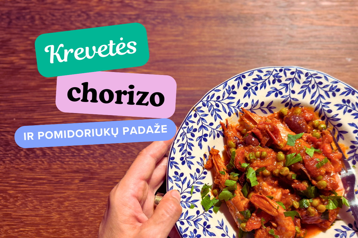 Krevetės chorizo ir vyšninių pomidoriukų padaže